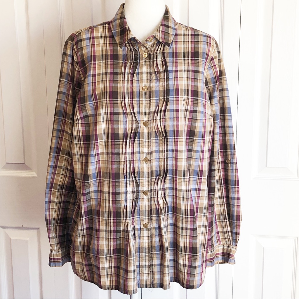 Liz Claiborne Colorful Tan Plaid Pleated Button Down Shirt Xl
